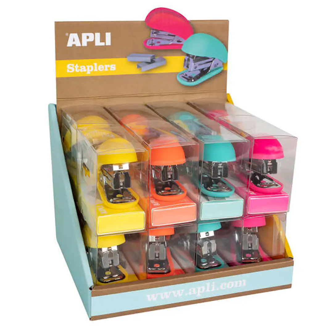 Apli Expositor de 16 Grapadoras Fluor Collection - Utiliza Grapas 22/6-24/6 - Incluye 1000 Grapas por Grapadora - Colores Fluor Surtidos 1