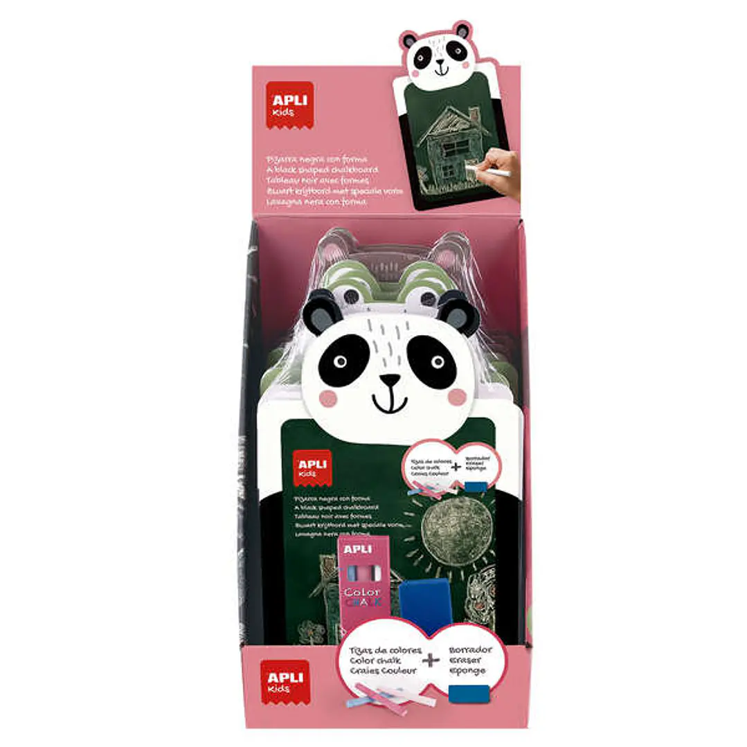 Apli Expositor de 9 Packs de Pizarra para Tiza con Forma de Animal + Caja de 3 Tizas de Colores y Borrador - Medidas 260x155x15mm - Diseños Rana, Oso  1