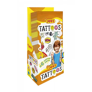 Jovi Expositor con 24 Packs de Tatuajes Temporales - 6 Laminas por Pack - Mas de 80 Motivos - Emoticonos, Animales, Objetos etc... - Sin Parabenos - L