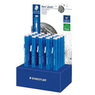 Staedtler Mars Plastic 528 50 Expositor con 20 Portagomas en Forma de Lapiz - Con Cursor para Deslizar la Goma - Sin Ftalatos ni Latex
