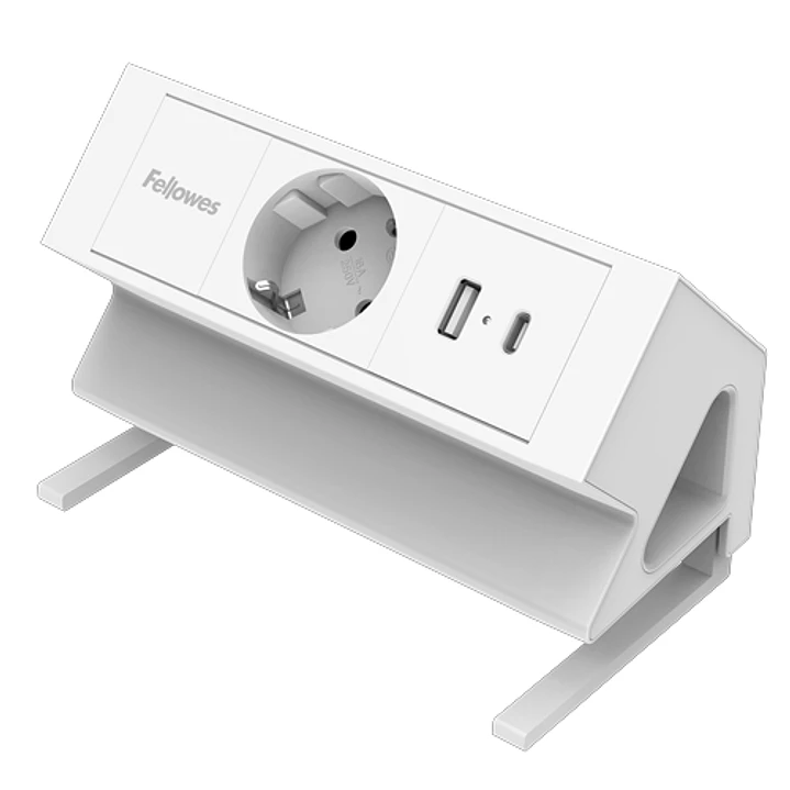 Fellowes Regleta de Sobremesa de 1 Toma - USB-A - USB-C - Cable 2m - Abrazadera para Escritorios de 10 a 45mm - 15.44x9.7x8.75cm - Color Blanco 1