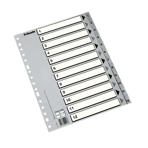 Esselte Indice Numerico de Plastico - Pestañas 1 al 12 - Multitaladro - Formato A4 - Color Gris