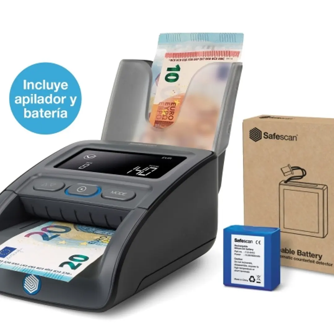 Safescan 155-S Pack de Detector Automatico de Billetes Falsos - Bateria y Apilador Incluidos - Verifica, Cuenta y Apila 1