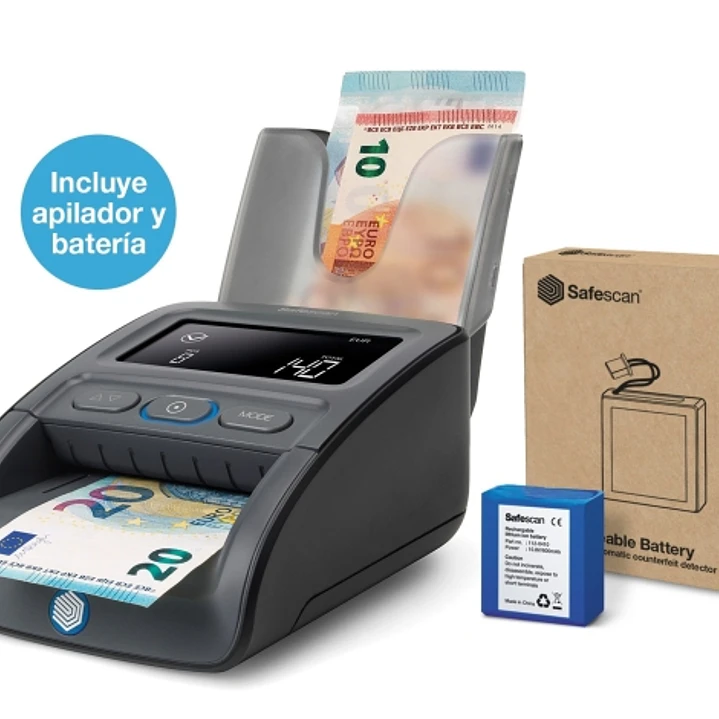 Safescan 155-S Pack de Detector Automatico de Billetes Falsos - Bateria y Apilador Incluidos - Verifica, Cuenta y Apila 1