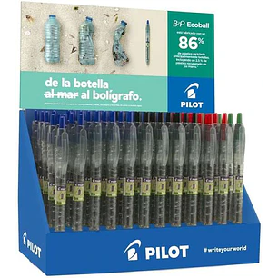 Pilot Expositor 60 Boligrafos de Bola Retractiles B2P Ecoball BeGreen + 10 B2P Gel BeGreen - 86,64% de Plastico Reciclado - Recargable - Colores surti