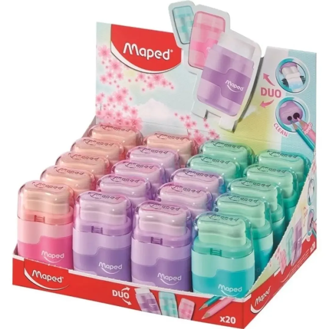 Maped Connect Duo Afilaborra de 2 Orificio con Goma de Borrar - Deposito de Gran Capacidad - Forma Ergonomica - Colores Surtidos 1