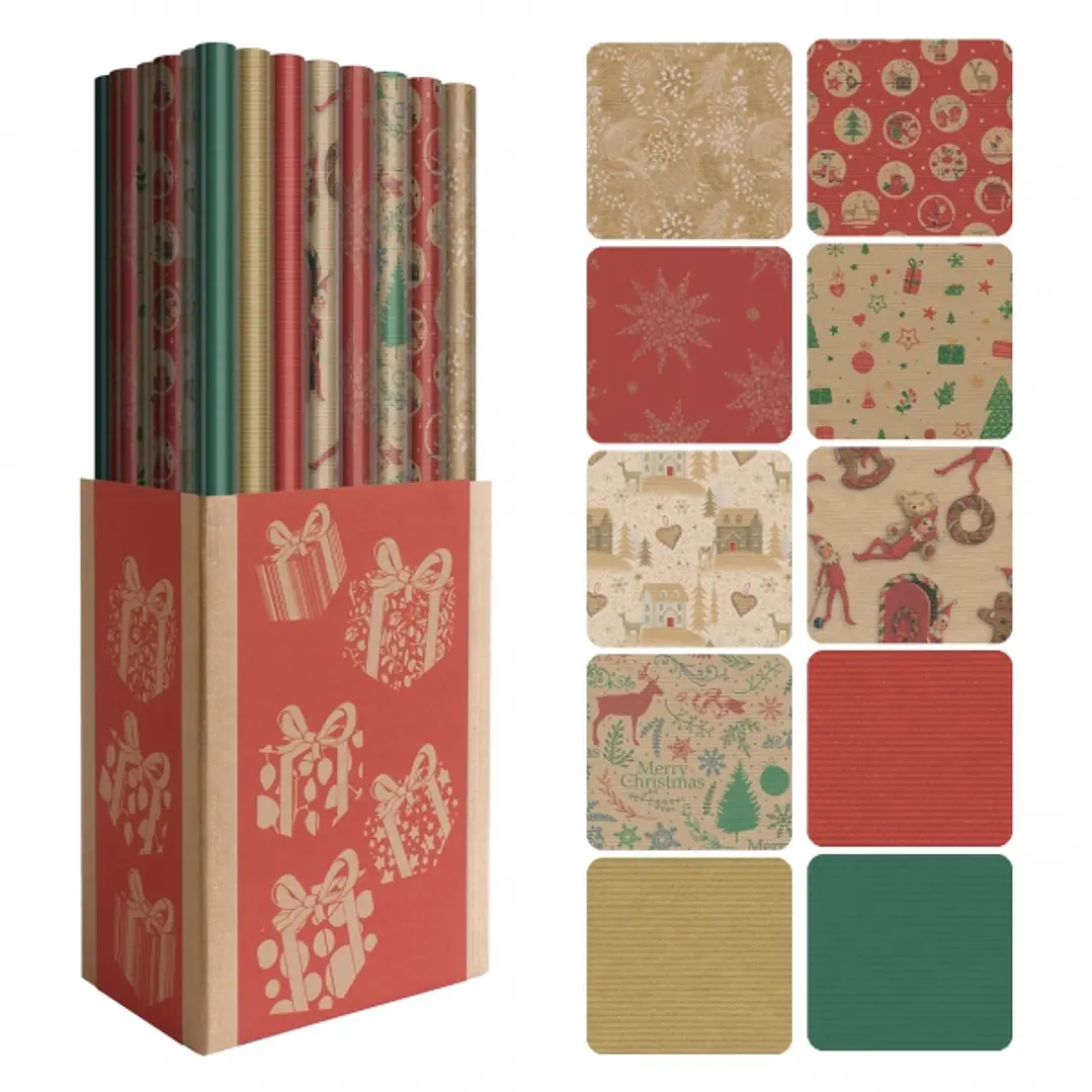 Dohe Navidad Kraft Expositor de 50 Rollos de Papel Regalo - 10 Diseños Diferentes - 5 Rollos por Diseño - Medidas del Rollo 0.70x2m 1