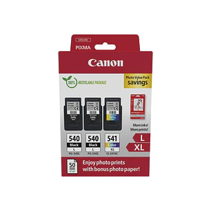 Canon PG540L Negro + CL541XL Color Pack de 3 Cartuchos de Tinta Originales + 50 Hojas de Papel Fotografico - 5224B015
