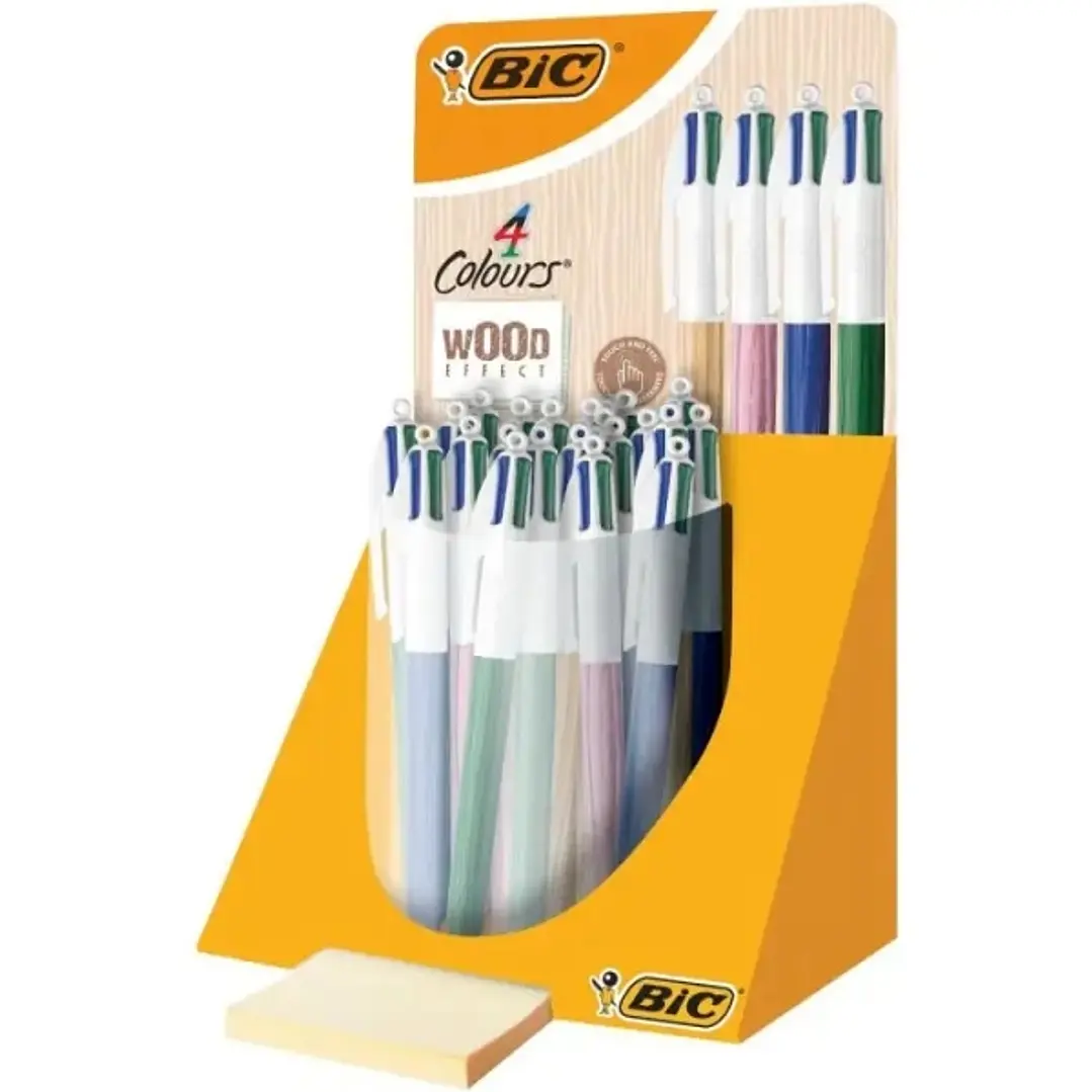 Bic 4 Colours Wood Style Expositor de 30 Boligrafos de Bola Retractiles - Punta Media de 1.0mm - Tinta con Base de Aceite - Diseño Madera - 4 Colores 1