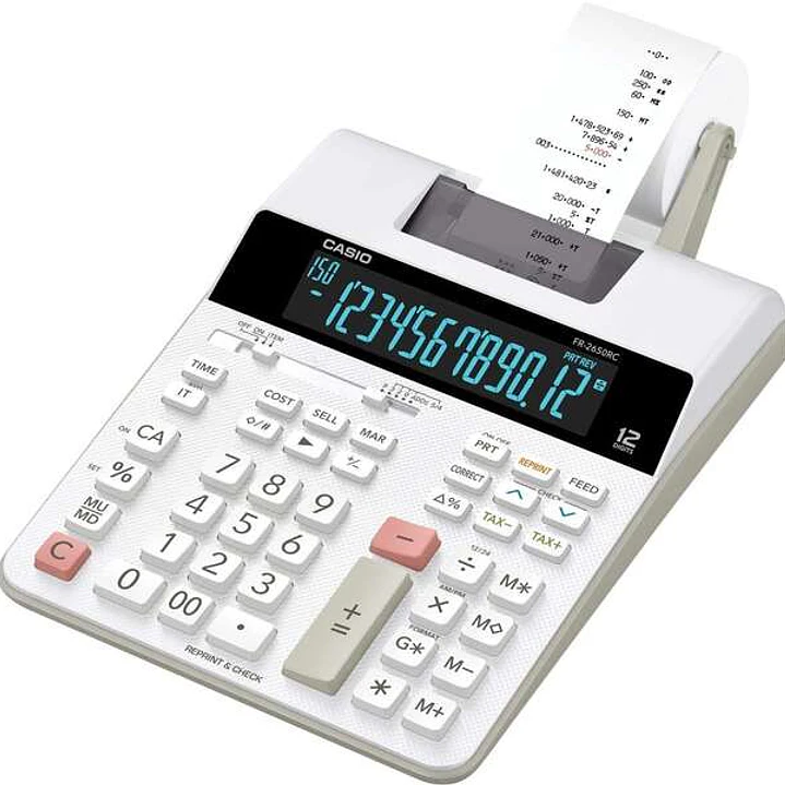 Casio FR-2650RC Calculadora Impresora de Sobremesa - Impresión en 2 colores - Pantalla de 12 Digitos - Función de reloj y calendario - Color Blanco 1