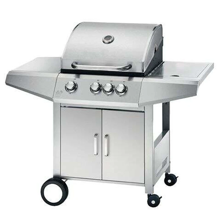 Muvip Barbacoa Gas Inox 4 Fuegos - Estructura de Acero Inoxidable - 3 Fuegos Centrales + 1 Fuego Lateral - 2 Rejillas Esmaltadas - Bandeja Lateral - A 1