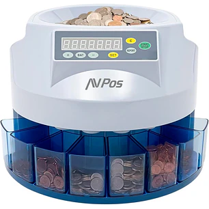 AVPos Contador/Clasificador de Monedas  CCM6 - Monedas Desde 1 Centimo Hasta 2 Euros - Color Blanco/Azul