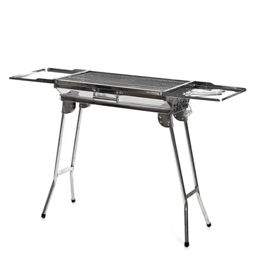 Innovagoods ExelQ Barbacoa Portatil de Acero Inoxidable - Plegable - Parrilla Extraible de 57X29cm - Asas de Transporte - Paraviento - Capacidad hasta 1