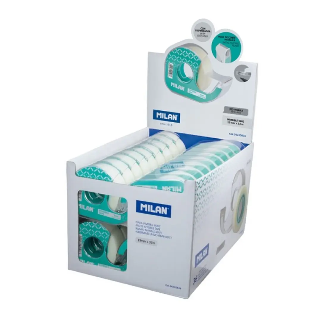 Milan Expositor de 36 Cintas Adhesivas Invisibles con Dispensador - Medidas 19mm x 33m - Color Transparente Mate 1