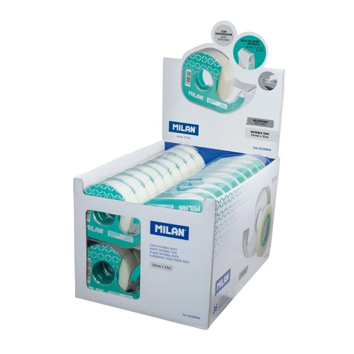 Milan Expositor de 36 Cintas Adhesivas Invisibles con Dispensador - Medidas 19mm x 33m - Color Transparente Mate 1