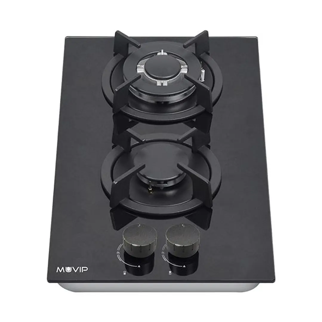 Muvip MV0627 Cocina de Gas Encastrable - 2 Zonas de Coccion de 26cm - Quemador y Soportes de Hierro Fundido - Cristal Templado de Alta Resistencia - S 1