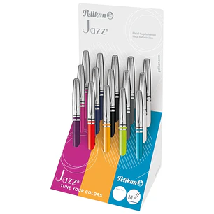 Pelikan Jazz Classic Expositor con 15 Boligrafos Retractiles - Trazo de 1mm - Mecanismo de Giro - Capuchon y Clip Cromados - Recambio 337M Negro - Col