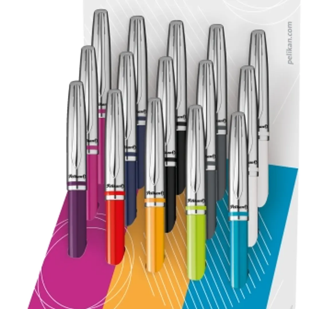 Pelikan Jazz Classic Expositor con 15 Boligrafos Retractiles - Trazo de 1mm - Mecanismo de Giro - Capuchon y Clip Cromados - Recambio 337M Negro - Col 1