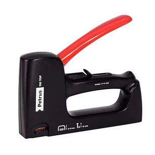 Petrus 295 Top Clavadora/Grapadora - Para Grapas 530/6 a 14mm y Pins Tipo 8 de 15mm - Ajuste de Potencia - Color Negro/Rojo