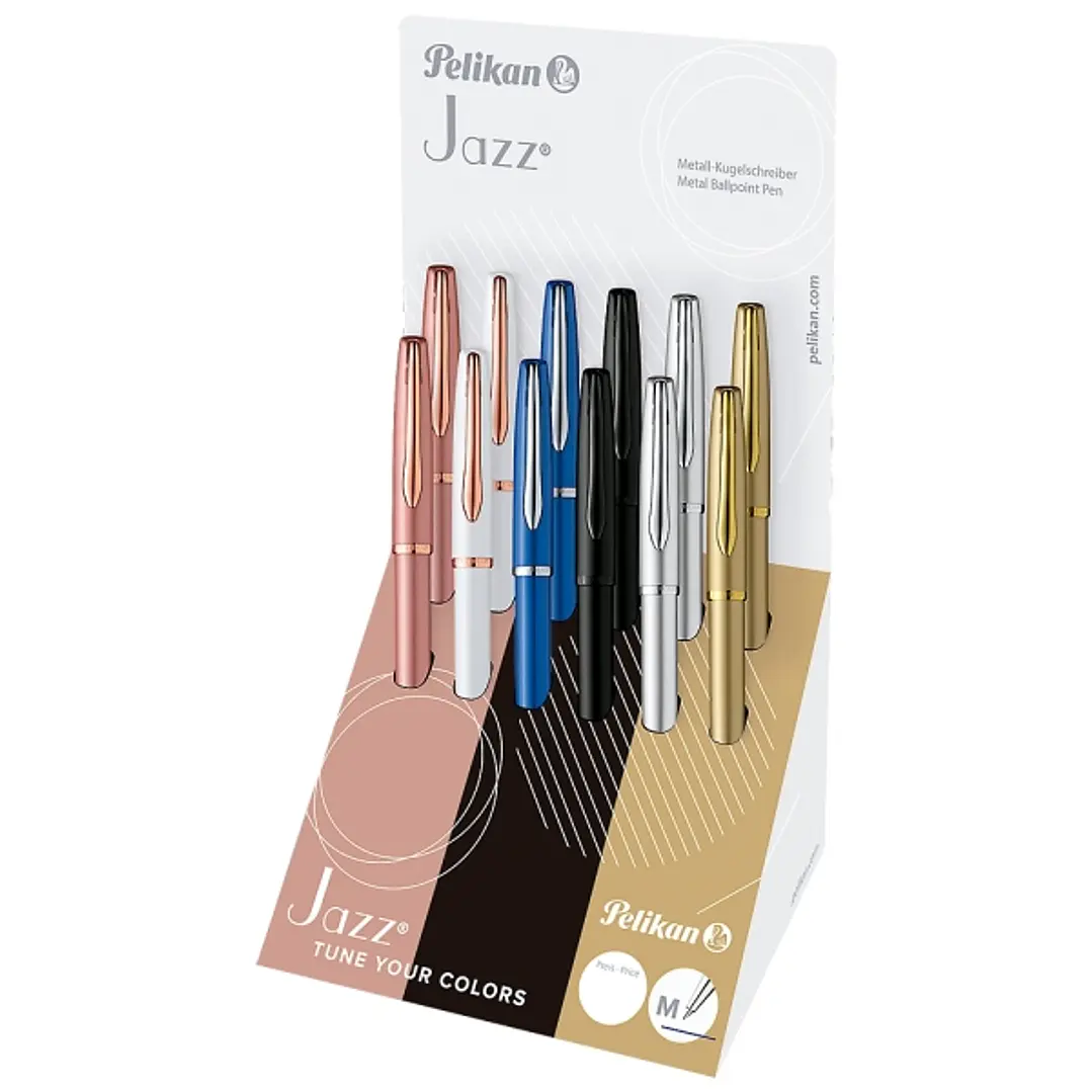 Pelikan Sfera Jazz Noble Elegance Expositor con 12 Boligrafos con Mecanismo de Giro - Punta Media - Diseño Elegante y Sofisticado - Incluye Estuche de 1
