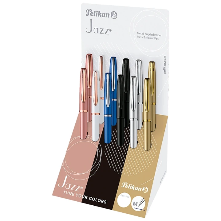 Pelikan Sfera Jazz Noble Elegance Expositor con 12 Boligrafos con Mecanismo de Giro - Punta Media - Diseño Elegante y Sofisticado - Incluye Estuche de 1