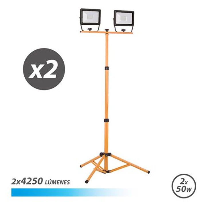 Elbat Foco LED con Tripode 2 x 50W - 4250 Lumenes - 6500K Luz Fria - Cable de 3m - IP65 para Uso en Exterior 1