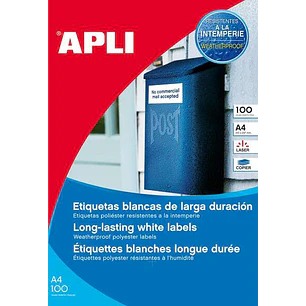 Apli Pack de 100 Etiquetas Resistentes Intemperie 210 x 297mm -  Poliester con Acabado Mate - Cantos Rectos - Color Blanco