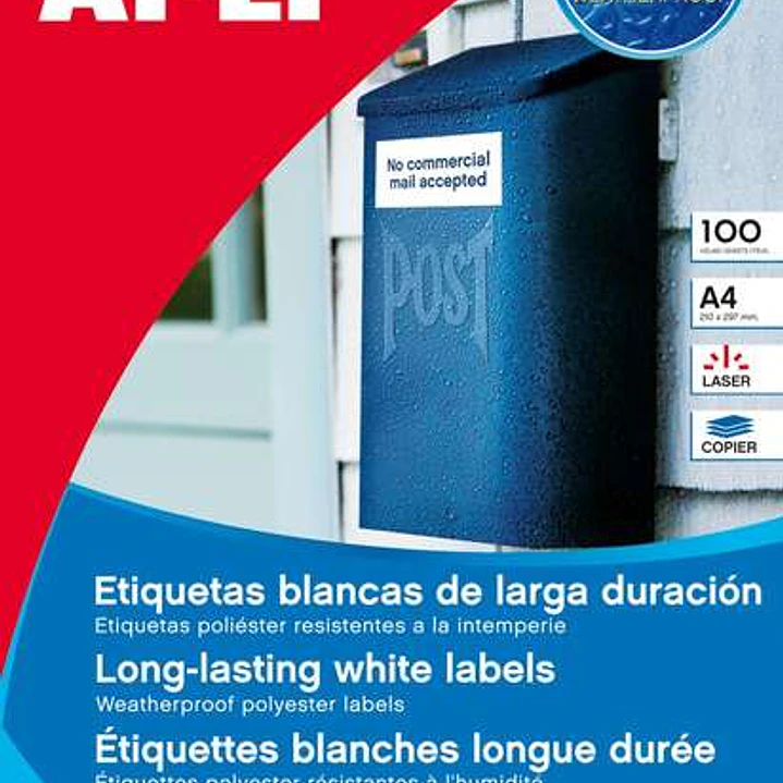 Apli Pack de 100 Etiquetas Resistentes Intemperie 210 x 297mm -  Poliester con Acabado Mate - Cantos Rectos - Color Blanco 1