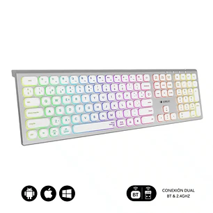 Subblim Teclado Inalambrico Master - Bluetooth y 2.4G - Iluminado - Teclas Ergonomicas de Bajo Perfil - Color Blanco Plata