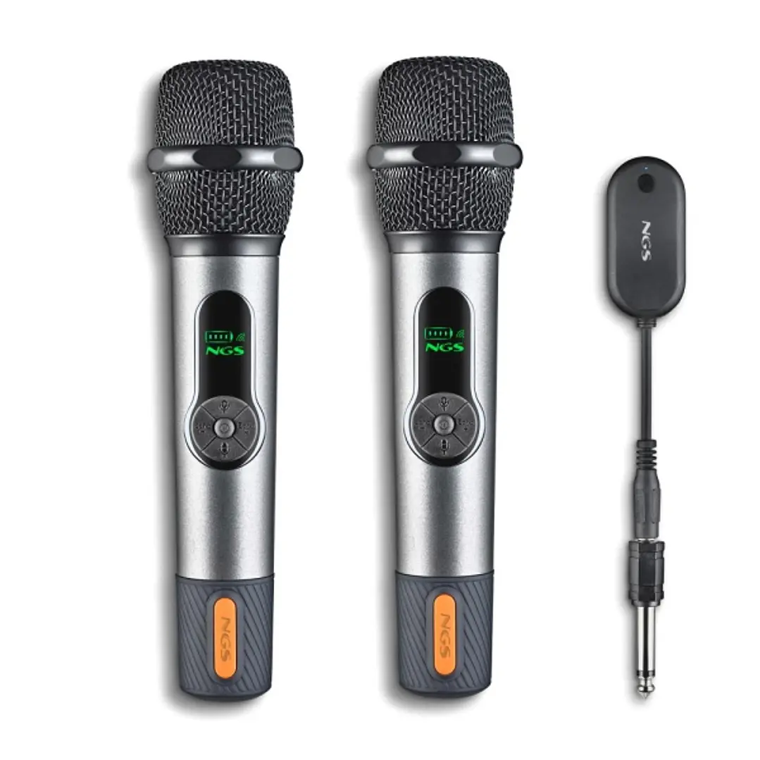 NGS SingerStar Duo Kit 2 Microfono Inalambrico Vocal - Tipo Dinamico - Sonido Potente y Claro - Entrada Jack 3.5 y Adaptador Jack 6.3 - Alcance hasta  1