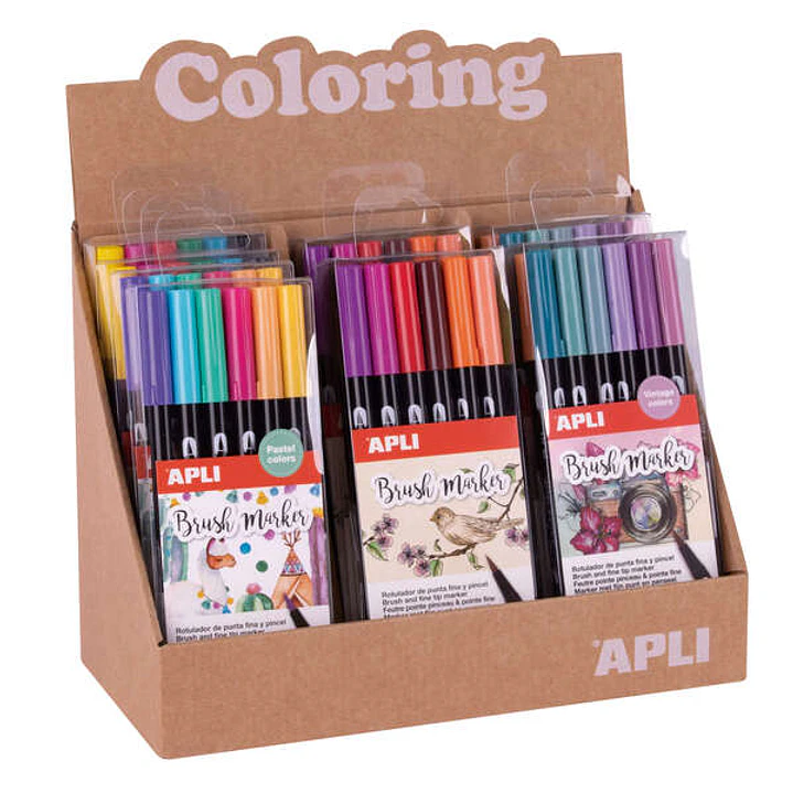 Apli Coloring Brush Markers - Expositor con 8 Packs Surtidos - Doble Punta de Nylon Tipo Pincel de 1-4 mm y Punta Redonda de 1 mm - Acuarelables y Mul 1