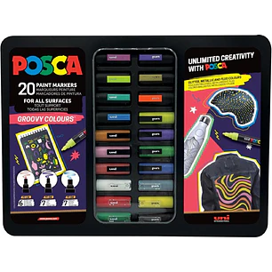 Posca Groovy Colours Maleta Metalica con 20 Marcadores de Pintura - Surtido en Color y Trazo - Punta de Poliester - Tinta Pigmentada Base Agua - Resis