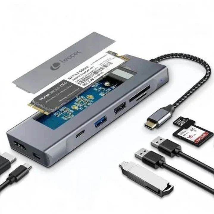 Leotec LEDS07 Docking Station USB C 8 en 1 con Ranura SSD M.2 - HDMI 4K - Power Delivery 100W - USB 3.2 y USB C 10Gbps - Lector SD y MicroSD - Compati 1