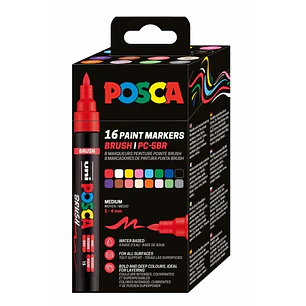 Posca PC-5BR Caja con 16 Marcadores de Pintura - Punta Brush 1-4mm - Tinta Base al Agua - Resistente a la Luz - No Permanente - Colores Surtidos