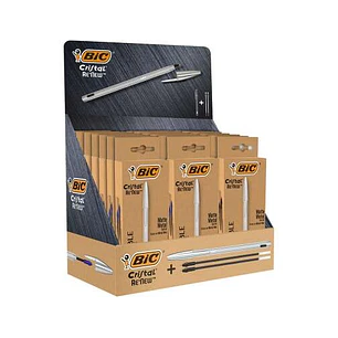 Bic Cristal Re´new Expositor con 21 Packs de Boligrafo de Bola con Cuerpo Metalico + 2 Recambios - Incluye 50 Bic Cristal Azul de Regalo - 15 Tinta Az