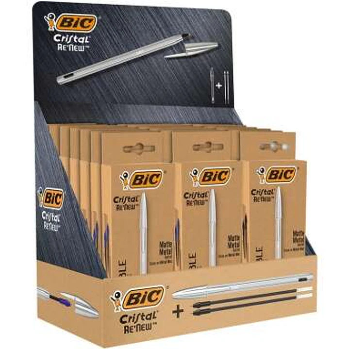 Bic Cristal Re´new Expositor con 21 Packs de Boligrafo de Bola con Cuerpo Metalico + 2 Recambios - Incluye 50 Bic Cristal Azul de Regalo - 15 Tinta Az 1