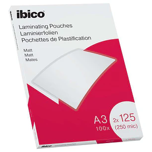 Ibico Caja de 100 Laminas de Plastificar Mate A3 125 Micras - Superficie Mate - Plastifica Papel, Fotos, Tarjetas de Visita - Transparente