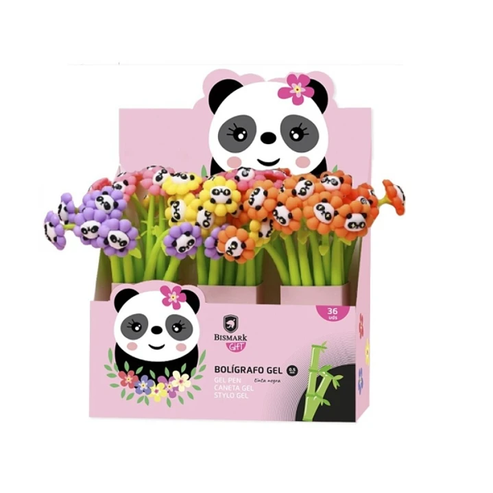 Bismark Animals Panda Boligrafo Tacto Soft con Flores y Cara de Panda - Punta Fina - Tinta Gel Color Negro - 6 Diseños Diferentes 1