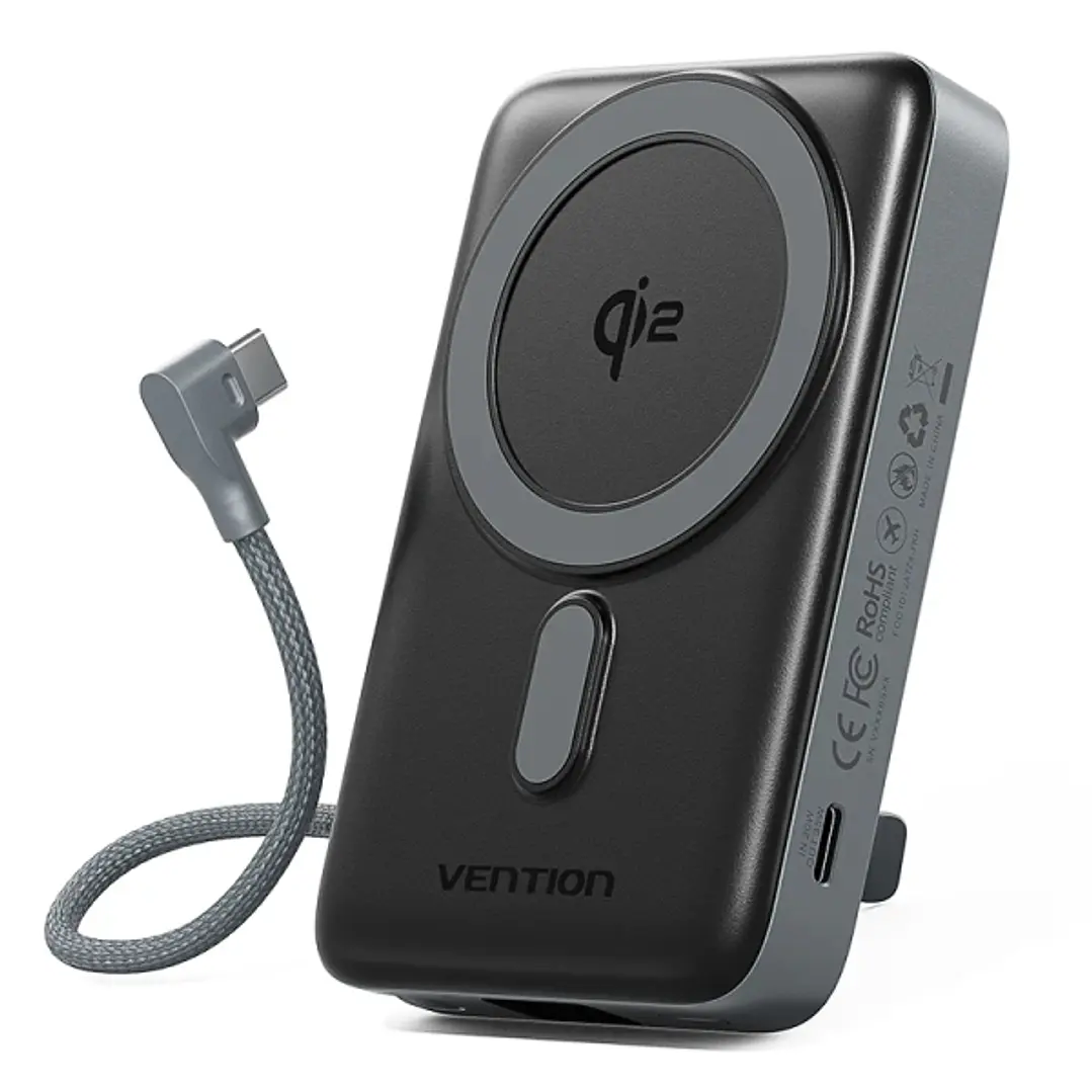 Vention Powerbank de 10000mAh - Potencia de Salida hasta 25W - Cable USB-C Integrado - Entrada y Salida USB-C - Carga Inalambrica - Pantalla LED - Col 1