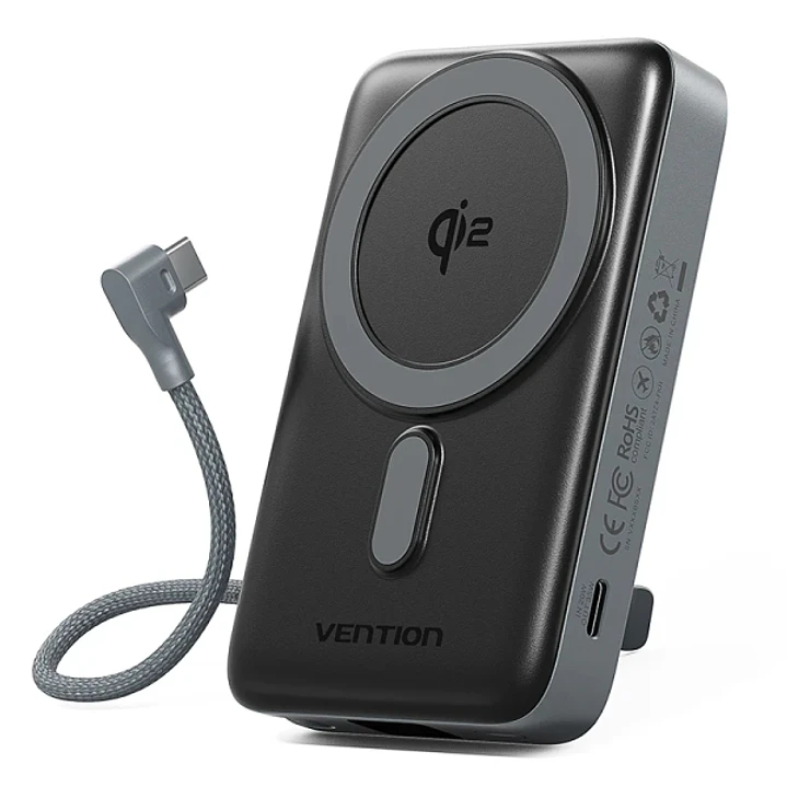 Vention Powerbank de 10000mAh - Potencia de Salida hasta 25W - Cable USB-C Integrado - Entrada y Salida USB-C - Carga Inalambrica - Pantalla LED - Col 1