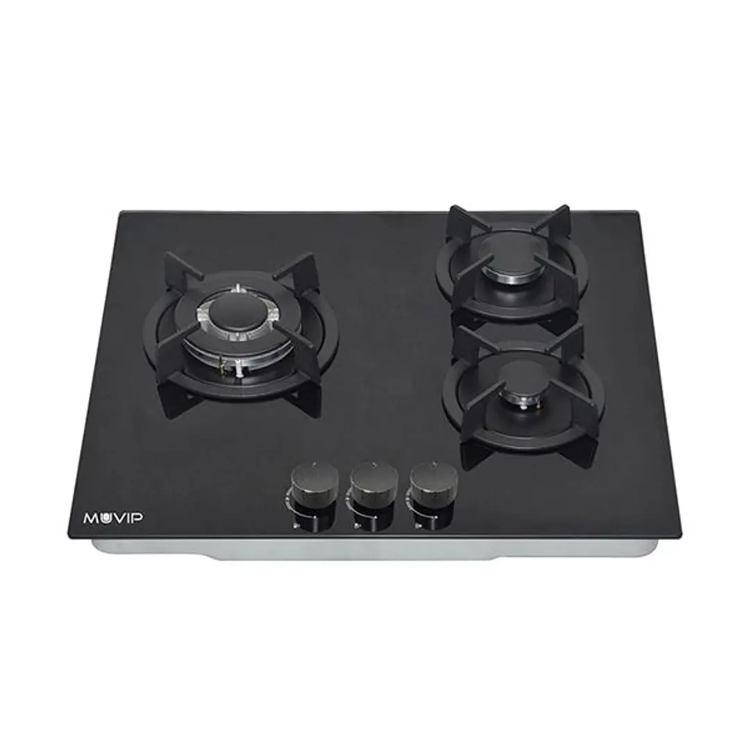 Muvip MV0626 Cocina de Gas Encastrable - 3 Zonas de Coccion - Quemador y Soportes de Hierro Fundido - Cristal Templado de Alta Resistencia - Sistema d 1