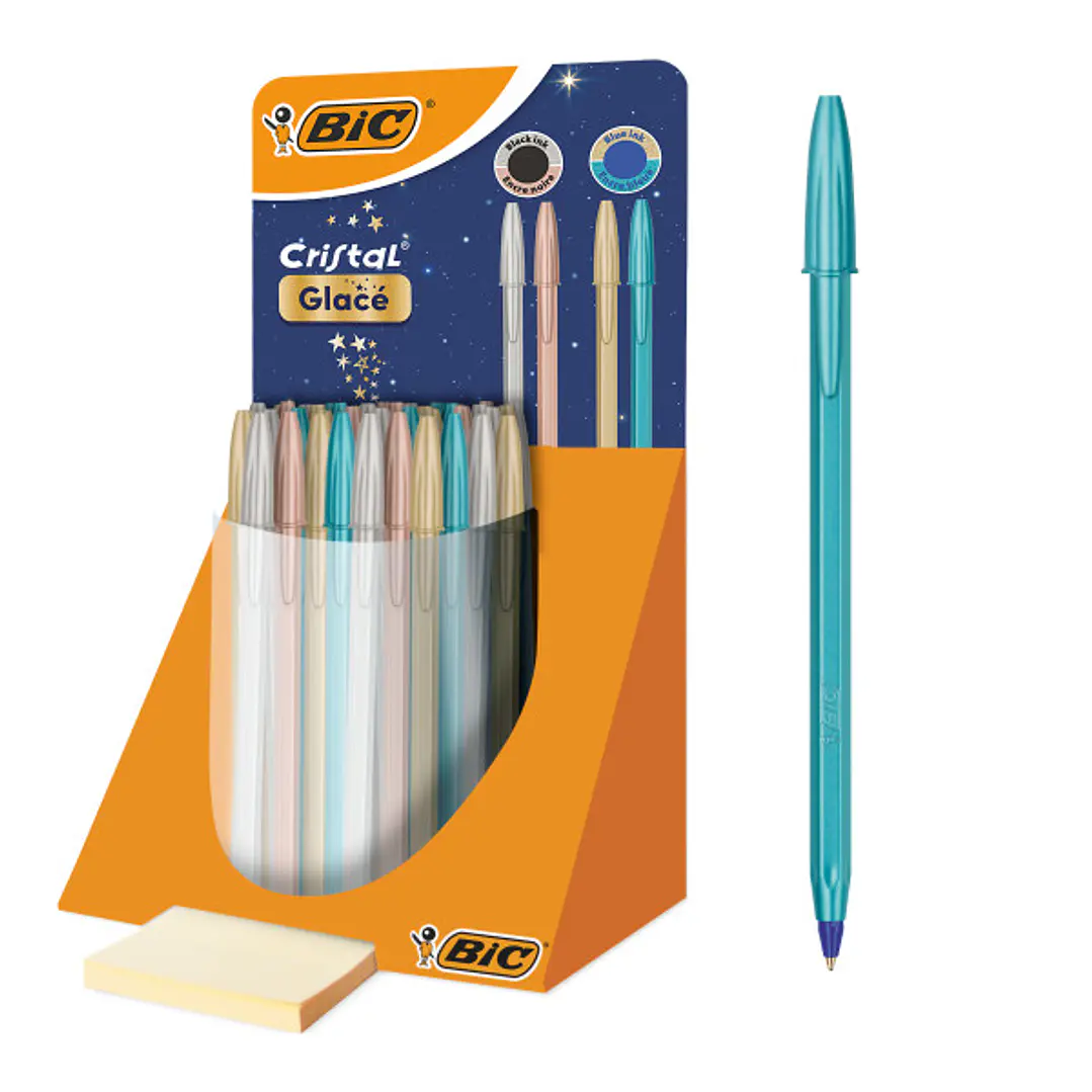 Bic Cristal Glace Expositor con 40 Boligrafos de Bola - Cuerpo Opaco en Colores Metalizados Mate - Punta Redonda de 1mm - Trazo 0.4mm - Tinta con Base 1