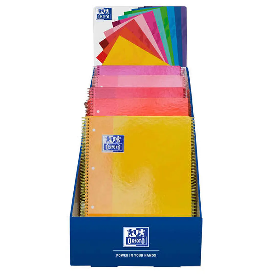 Oxford Europeanbook 1 Classic Expositor con 25 Cuadernos Espiral A4+ 80 Hojas Cuadicula 5x5 Microperforado - Tapa Extradura - Colores Calidos Surtidos 1