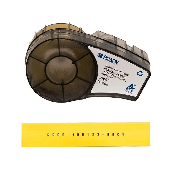 Brady M21-375-C-342-YL Cinta de Etiquetas Original Termocontractiles PermaSleeve - Texto Negro sobre Fondo Amarillo - Ancho 16,38mm x 2,1m 1