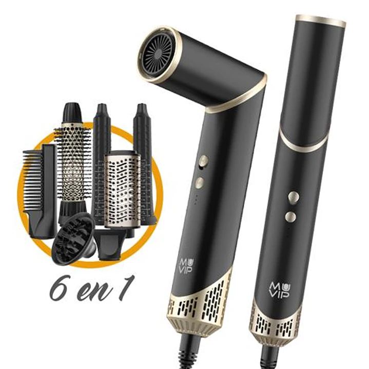 Muvip Ultimate Experience Profesional 6 en 1 Herramienta de Secado y Peinado - 1500W - Accesorios para Rizar, Cepillar y Alisar - 3 Configuraciones de 1