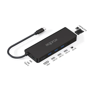 Approx 8 en 1 Hub USB-C con 3x USB-A 3.0 - 1x HDMI - 1x RJ-45 - 1x USB-C PD - Lector microSD y Lector SD - Cable de 18cm