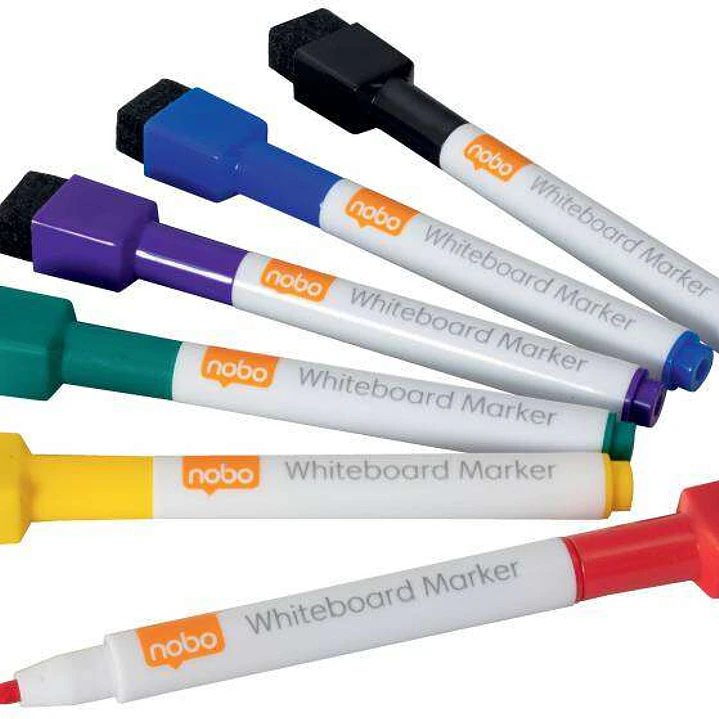 Nobo Pack con 6 Mini Rotuladores para Pizarra Blanca con Tapa Borrador Magnetica - Punta Fina 2mm - Destaca en Pizarras Blancas - Colores Surtidos 1