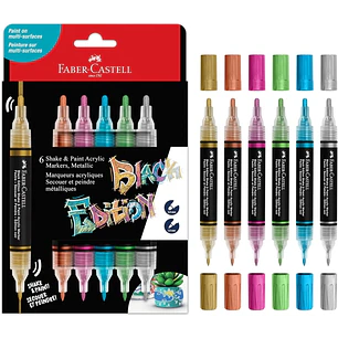 Faber-Castell Shake & Paint Black Edition Pack de 6 Rotuladores Acrilicos Doble Punta - Puntas Redondas de 1mm y 3mm - Tinta Acrilica al Agua - Colore
