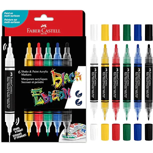 Faber-Castell Shake & Paint Black Edition Pack de 6 Rotuladores Acrilicos Doble Punta - Puntas Redondas de 1mm y 3mm - Tinta Acrilica al Agua - Color 