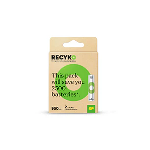 GP ReCyko Pack de 2 Pilas Recargables 950mAh AAA 1.2V - Precargadas - Ciclo de Vida: Hasta 1.000 Veces